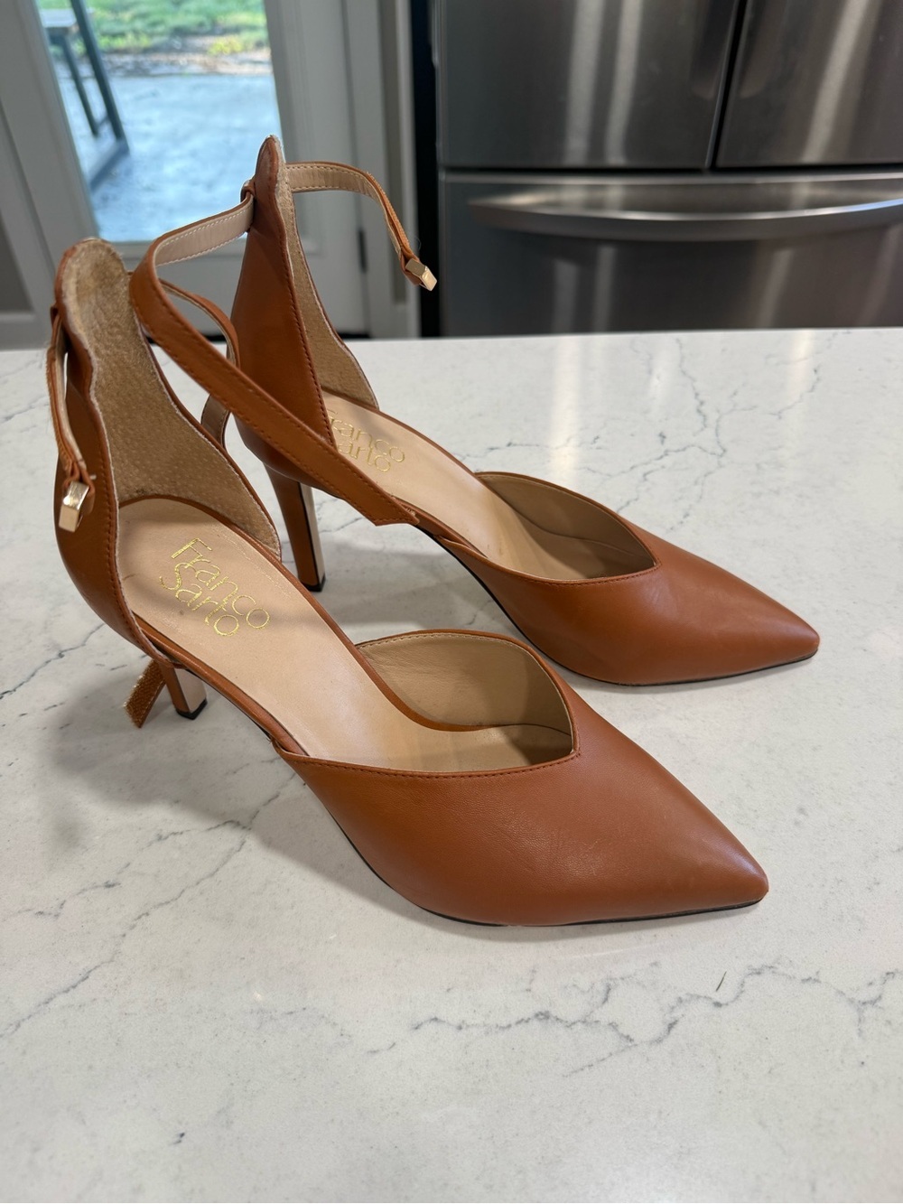 Franco Sarto Brown Leather Pointed Toe Ankle Strap Stiletto Pumps 8.5